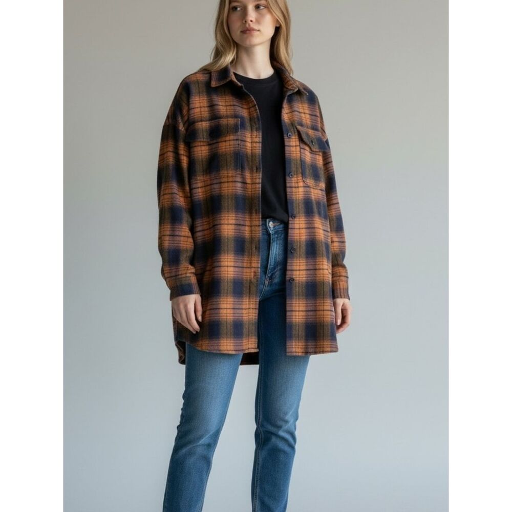 Orange and Navy Plaid Button-Up Shirt